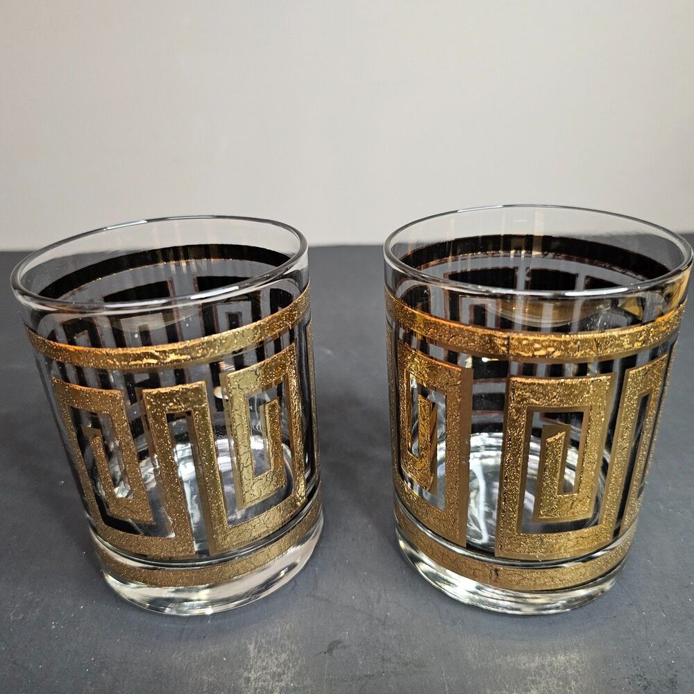 Culver Greek Key Old-Fashioned Set of 2 Glasses 22k Gold Lowball MCM Barware Vtg